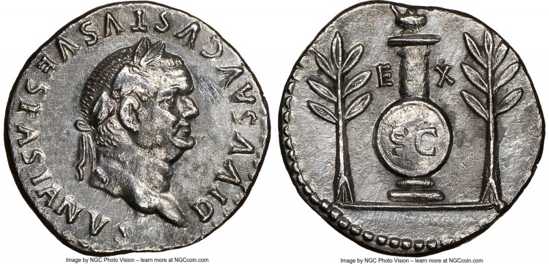 Divus Vespasian (AD 69-79). AR denarius (18mm, 3.30 gm, 6h). NGC Choice XF, brus...