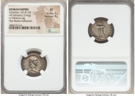 Domitian, as Augustus (AD 81-96). AR denarius (19mm, 3.42 gm, 6h). NGC XF 4/5 - 4/5. Rome, AD 85. IMP CAES DOMIT AVG GERM P M TR P V, laureate head of...