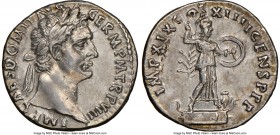 Domitian, as Augustus (AD 81-96). AR denarius (18mm, 3.43 gm, 6h). NGC AU 5/5 - 4/5. Rome, AD 88-89. IMP CAES DOMIT AVG-GERM P M TR P VIII, laureate h...