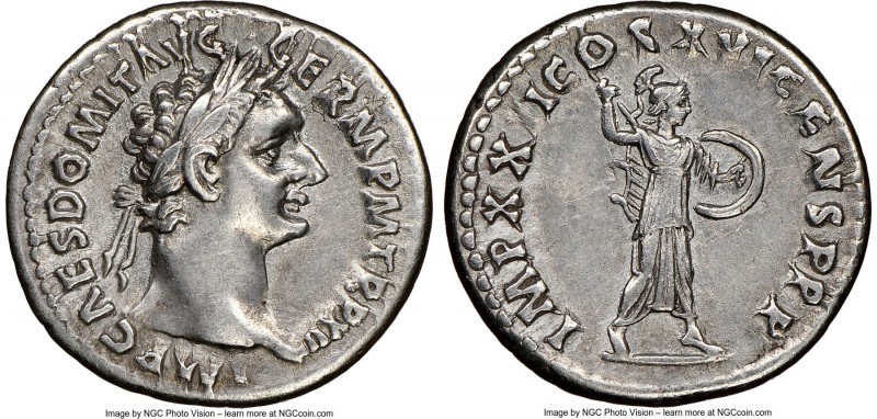 Domitian, as Augustus (AD 81-96). AR denarius (19mm, 3.71 gm, 6h). NGC Choice XF...