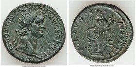 Domitian, as Augustus (AD 81-96). AE dupondius (28mm, 12.93 gm, 5h). VF, flan flaws. Rome, AD 92-94. IMP CAES DOMIT AVG GERM COS XVI CENS PER P P, rad...