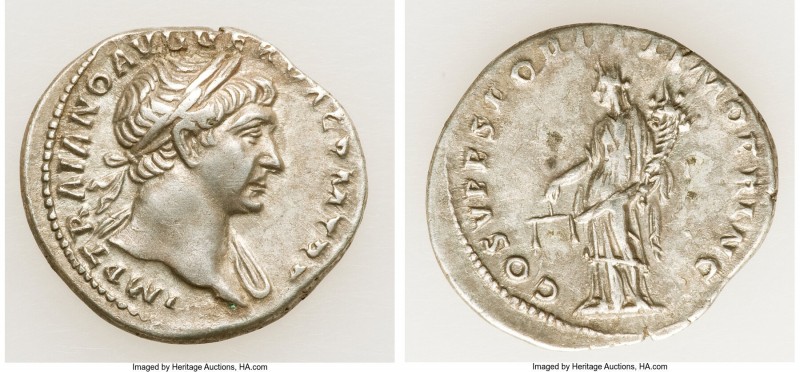 Trajan (AD 98-117). AR denarius (20mm, 3.09 gm, 7h). XF. Rome, AD 103-111. IMP T...