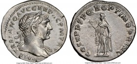 Trajan (AD 98-117). AR denarius (19mm, 7h). NGC Choice XF, brushed. Rome, AD 103-111. IMP TRAIANO AVG GER DAC P M TR P, laureate head of Trajan right,...