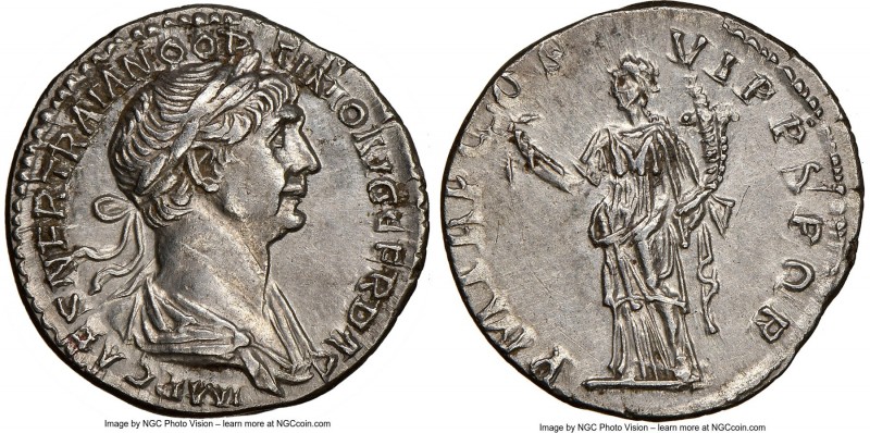 Trajan (AD 98-117). AR denarius (18mm, 3.06 gm, 7h). NGC Choice AU 5/5 - 3/5, Fi...