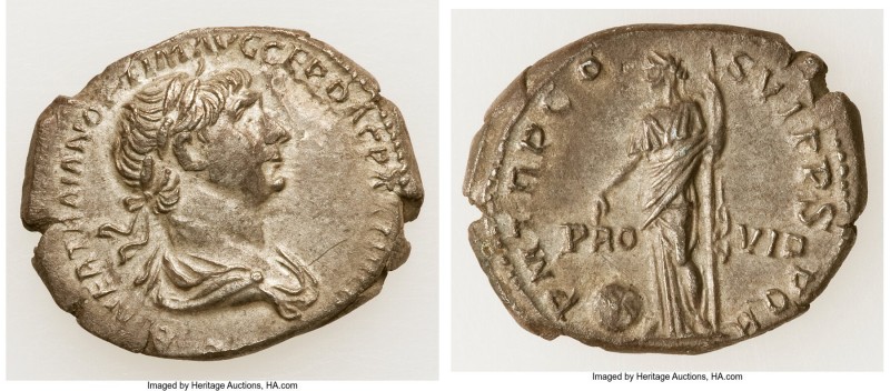 Trajan (AD 98-117). AR denarius (20mm, 3.12 gm, 6h). AU, flan flaw. Rome, AD 114...