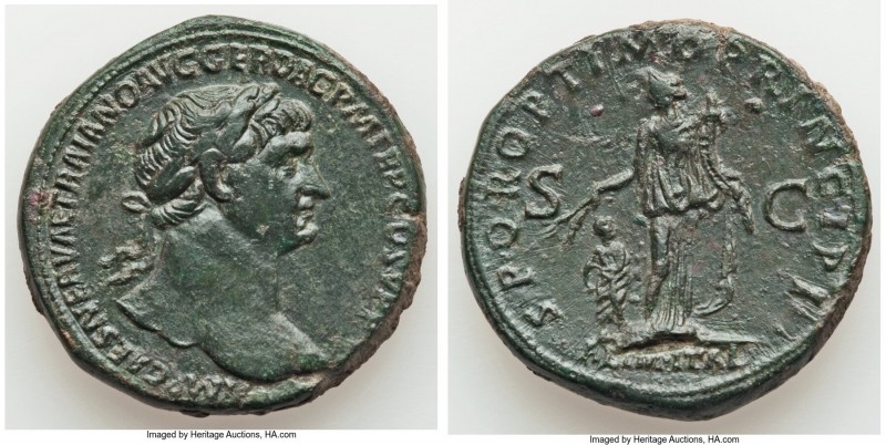 Trajan (AD 98-117). AE sestertius (33mm, 28.35 gm, 7h). Choice VF, flan flaw. Ro...