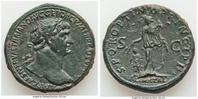 Trajan (AD 98-117). AE sestertius (33mm, 28.35 gm, 7h). Choice VF, flan flaw. Rome, ca. AD 103-111. IMP CAES NERVAE TRAIANO AVG GER DAC P M TR P COS V...