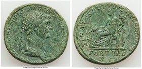 Trajan (AD 98-117). AE dupondius (27mm, 10.91 gm, 6h). Choice VF. Rome, AD 114-117. IMP CAES NER TRAIANO OPTIMO AVG GER DAC P M TR P COS VI P P, radia...