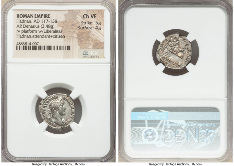 Hadrian (AD 117-138). AR denarius (19mm, 3.48 gm, 7h). NGC Choice VF 5/5 - 4/5. ...