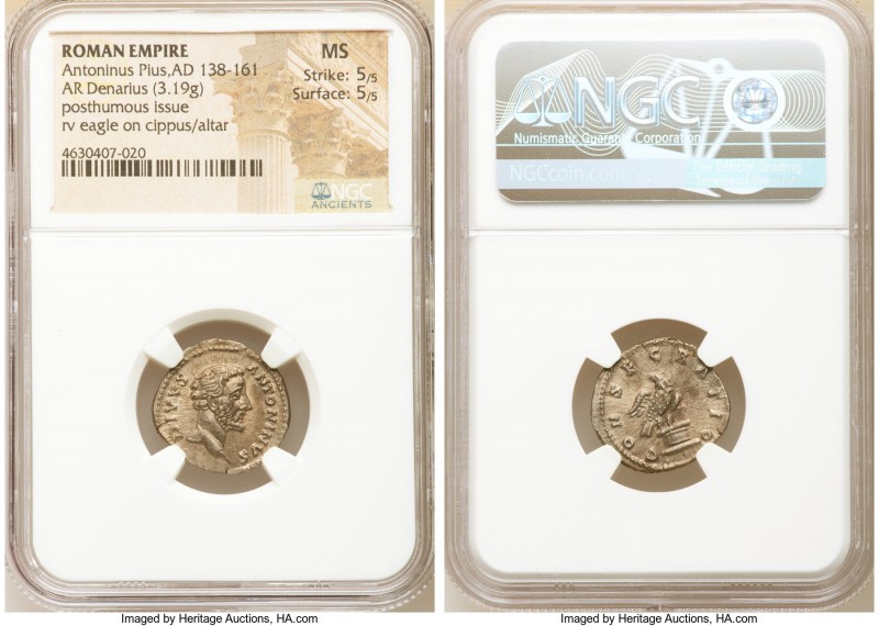 Divus Antoninus Pius (AD 138-161). AR denarius (19mm, 3.19 gm, 11h). NGC MS 5/5 ...