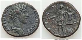 Marcus Aurelius, as Caesar (AD 161-180). AE sestertius (30mm, 16.29 gm, 10h). VF, smoothing. Rome, AD 140-144. AVRELIVS CAE-SAR AVG PII F COS, bare he...