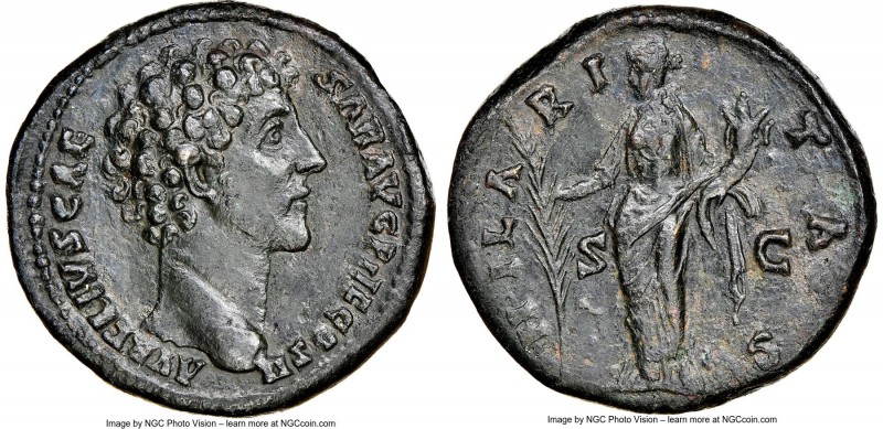 Marcus Aurelius, as Caesar (AD 161-180). AE sestertius (30mm, 23.94 gm, 11h). NG...