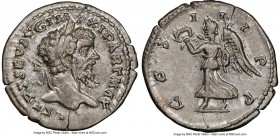 Septimius Severus (AD 193-211). AR denarius (20mm, 3.25 gm, 5h). NGC AU. Laodicea, AD 198-202. L SEPT SEV AVG IM-P XI PART MAX, laureate head of Septi...