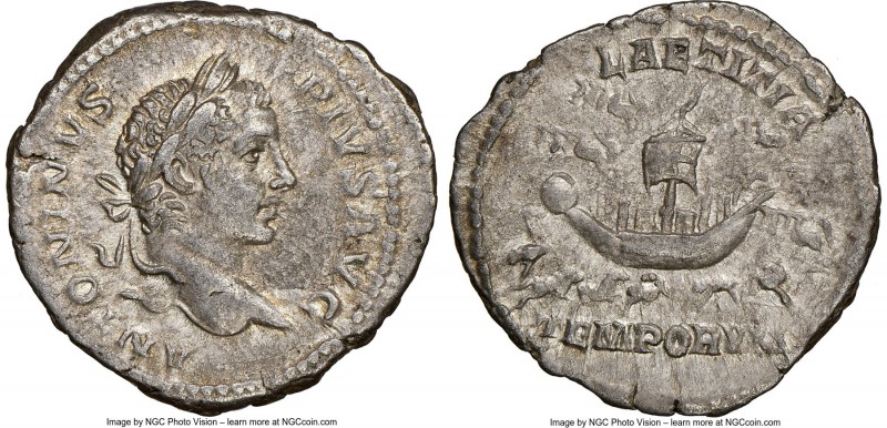 Caracalla, as Augustus (AD 198-217). AR denarius (19mm, 3.42 gm, 12h). NGC AU 4/...