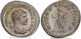 Caracalla, as Augustus (AD 198-217). AR antoninianus (24mm, 5.23 gm, 12h). NGC Choice XF. Rome, AD 217. ANTONINVS PIVS AVG GERM, radiate, draped and c...