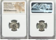 Caracalla, as Augustus (AD 198-217). AR denarius (19mm, 3.21 gm, 12h). NGC Choice XF 5/5 - 3/5. Rome, AD 217. ANTONINVS PIVS AVG GERM, laureate head o...