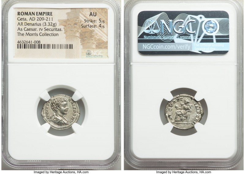 Geta, as Caesar (AD 209-211). AR denarius (20mm, 3.32 gm, 12h). NGC AU 5/5 - 4/5...