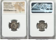 Geta, as Augustus (AD 209-211). AR denarius (20mm, 3.15 gm, 12h). NGC Choice XF 3/5 - 4/5. Rome, AD 211. P SEPT GETA-PIVS AVG BRIT, laureate head of G...