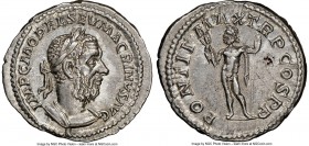 Macrinus (AD 217-218). AR denarius (20mm, 3.81 gm, 5h). NGC AU. Rome, April-December AD 217. IMP C M OPEL SEV MACRINVS AVG, laureate, cuirassed bust o...