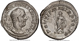 Macrinus (AD 217-218). AR denarius (21mm, 2.91 gm, 5h). NGC Choice VF, scuff. Rome, April-December AD 217. IMP C M OPEL SEV MACRINVS AVG, laureate, cu...