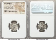 Macrinus (AD 217-218). AR denarius (19mm, 3.49 gm, 12h). NGC AU 4/5 - 4/5. Rome, AD 217-218. IMP C M OPEL SEV MACRINVS AVG, laureate, cuirassed bust o...