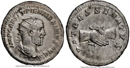 Pupienus (April-July AD 238). AR antoninianus (22mm, 5.00 gm, 2h). NGC Choice XF 5/5 - 2/5, flan flaw. Rome. IMP CAES PVPIEN MAXIMVS AVG, radiate, dra...