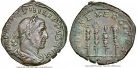 Philip I (AD 244-249). AE sestertius (30mm, 15.34 gm, 1h). NGC Choice XF. Rome, AD 249. IMP M IVL PHILIPPVS AVG, laureate, draped and cuirassed bust o...