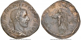 Philip I (AD 244-249). AE sestertius (30mm, 17.08 gm, 11h). NGC AU, Fine Style, die shift. Rome, AD 244-249. IMP M IVL PHILIPPVS AVG, laureate, draped...