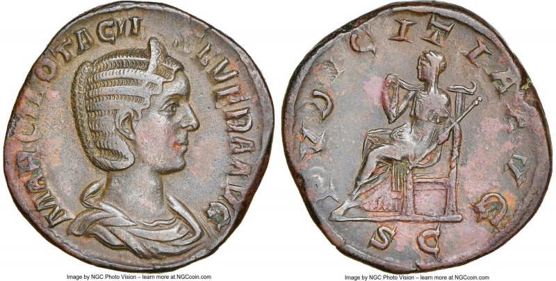 Otacilia Severa (AD 244-249). AE sestertius (30mm, 16.96 gm, 12h). NGC XF, light...