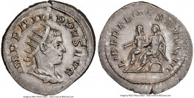 Philip II, as Augustus (AD 247-249). AR antoninianus (23mm, 3.41 gm, 7h). NGC Choice AU, scratches. Rome, AD 247-249. IMP PHILIPPVS AVG, radiate, drap...