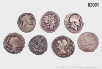Römische Republik, Konv. 7 Denare, gemischter Zustand, Originalität bei einigen Stücken fraglich, etwas für den Spezialisten, bitte besichtigen.
