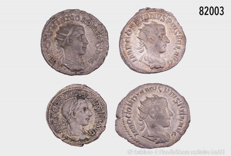 Gordian III. (238-244), Konv. 3 Antoniniane und 1 Denar, gemischter Zustand, bit...