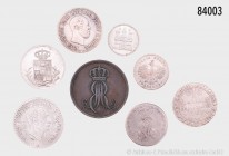 Altdeutschland, Konv. 8 Kleinmünzen verschiedener Städte und Staaten, dabei Frankfurt 1 Kreuzer 1850, Hamburg Dreiling 1855 und Großherzogtum Würzburg...