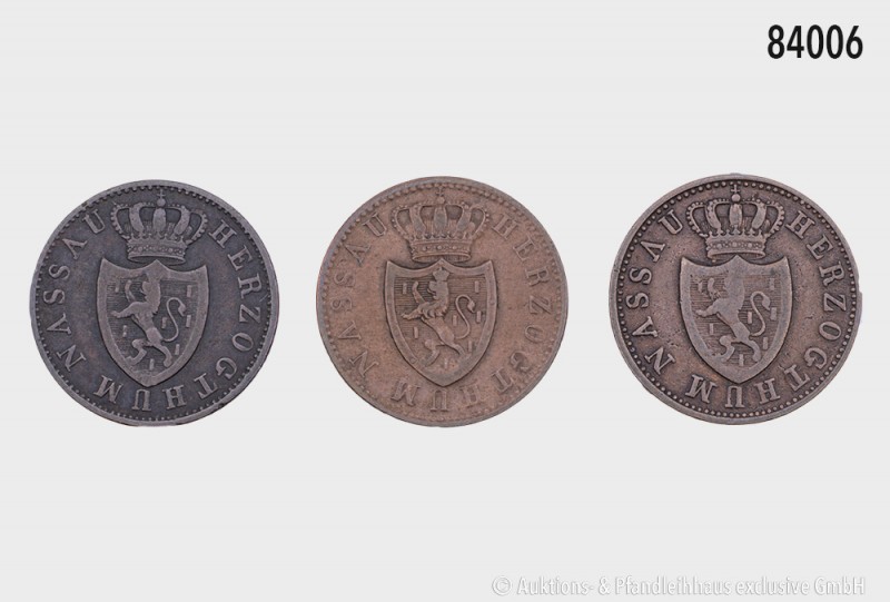 Nassau, Konv. von 3 Kleinmünzen, Herzog Wilhelm (1816-1839), 1 Kreuzer 1830 und ...