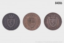 Nassau, Konv. von 3 Kleinmünzen, Herzog Wilhelm (1816-1839), 1 Kreuzer 1830 und 1 Kreuzer 1838, AKS 53 und Adolph (1839-1866), 1 Kreuzer 1848, AKS 71....
