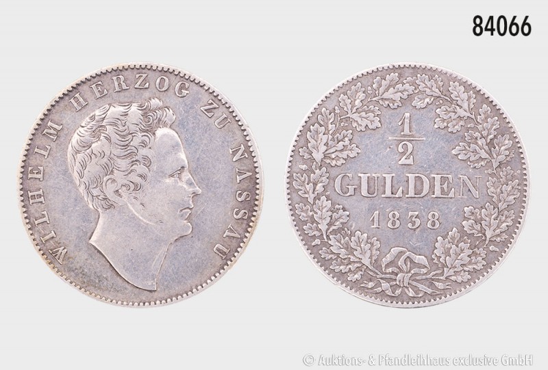 Nassau, Wilhelm (1816-1839), 1/2 Gulden 1838, 5,22 g, 24 mm, AKS 44, J. 43, sehr...