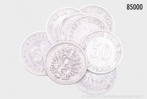Deutsches Reich, Konv. 8 x 50 Pfennig 1875 A-D, 1876 A und B und 1877 D und F, 900er Silber. Gemischter Zustand, schön bis sehr schön.