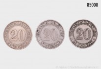 Deutsches Reich, Konv. von 3 x 20 Pfennig mit 1888 A, 1888 E (selten) und 1890 A, J. 6, 14. Sehr schön bis fast vorzüglich.