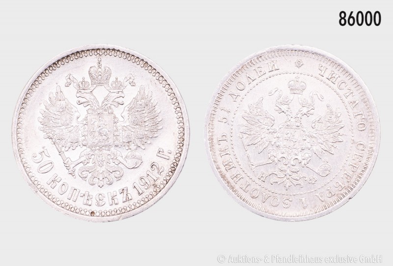 Russland, Konv. 25 Kopeken 1877 und 50 Kopeken 1912, Silber. Vorzüglich.