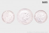 Österreich-Ungarn, Habsburg, Franz Joseph (1848-1916), Konv. 3 Silbermünzen, 1 Gulden 1863 und 1887, 5 Kronen 1900. 900er Silber. Vorzüglich.