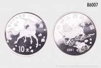 China, 10 Yuan 1997, 999er Silber, Chinesisches Einhorn/Westliches Einhorn. 31,10 g (Feingewicht 31,07 g), 40 mm, in Kapsel, PP.