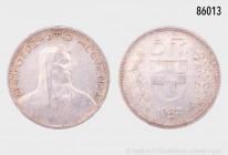 Schweiz, 5 Franken 1923 B, Hirtenbüste/Wappenschild, 900er Silber, HMZ 1199, 25 g, 37 mm, minimaler Randfehler, sehr schön/vorzüglich.