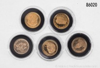Elfenbeinküste, Konv. 5 Goldmünzen zu je 1500 Francs, 999er Gold, 5 g Feingold, in Kapseln, PP.