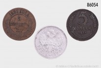 Russland, Konv. von 3 Münzen, bestehend aus: 5 Kopeken 1881. Schön 106. 1 Rubel 1898 (900er Silber; 19,76 g). Schön 13. 5 Kopeken 1924. Schön 34. Fast...