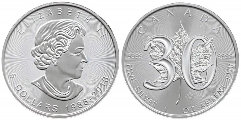 Canada - Elisabetta II (dal 1952) 5 Dollari (1 Oncia) 2018 serie Foglia d'acero ...