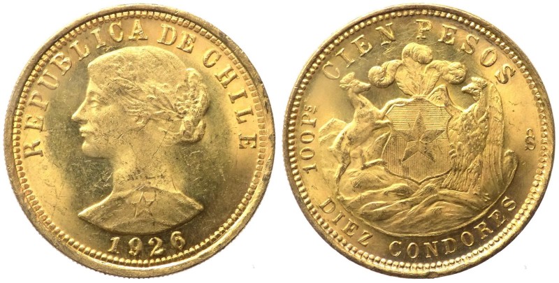Cile - Repubblica del Cile (dal 1818) 100 Pesos 1926 - KM 175 - Au *************...