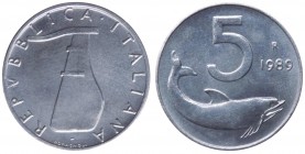 Errori e varianti di conio - Serie Lire - Monetazione in Lire (1946-2001) - 5 Lire 1989 "Delfino" - con timone capovolto - Gig. 311a - It

FDC

 W...