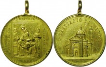 Medaglia votiva devozionale del Santuario della Madonna addolorata di Rho raffigurata con Gesù tra le braccia assistita da due figure - AE dorato - co...