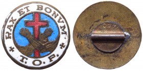 Medaglia votiva usata come spilla religiosa del Terzo ordine regolare di San Francesco (T. O. F.) - smaltata in rosso e bianco - - Ø mm 19

n.a.

...