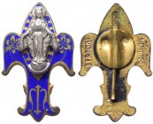 Medaglia votiva usata come spilla religiosa a forma di rondine smaltata di blu con decorazioni dorate e con immagine della Vergine Maria frontale e ni...